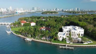 Tropikal doğa adasının 4K hava manzarası. Miami limanının önündeki Star Island