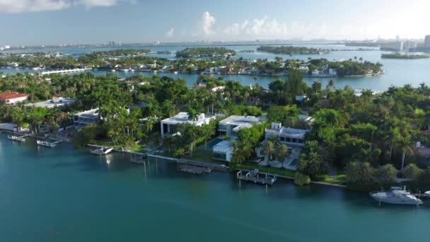 Miami limanının önündeki Palm Island. Tropikal doğa adasının 4K hava manzarası — Stok video