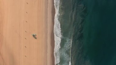 İHA, okyanus kıyısı boyunca güneş doğarken boş plajın üzerinde uçuyor, 4K USA