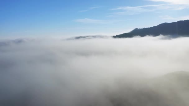 Natureza cinematográfica 4K. Drone vista voando através de espessas nuvens de nevoeiro branco ao nascer do sol — Vídeo de Stock