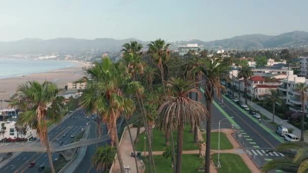 Drone está lanzando a lo largo del parque verde de Santa Mónica y PCH con paisaje escénico — Vídeo de stock