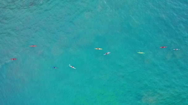 Un groupe de sportifs en kayaks colorés sont dans le calme sarcelle océan ouvert, 4K — Video