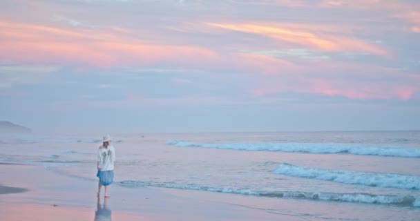Neşeli kadın sahilde yürüyor, mutluluğu hissediyor. Arkaplanda pembe bulutlar — Stok video