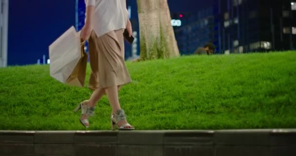Повільний рух 4K сумки для покупок, модне сучасне взуття та шовкова спідниця в парку — стокове відео