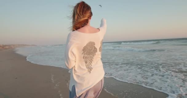 Mujer de cámara lenta disfrutando de la naturaleza, mirando pájaro volador sobre las aguas, 4K — Vídeos de Stock