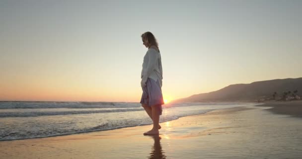 Mujer feliz divirtiéndose en la orilla del océano con el viento soplando su pelo y vestido — Vídeos de Stock