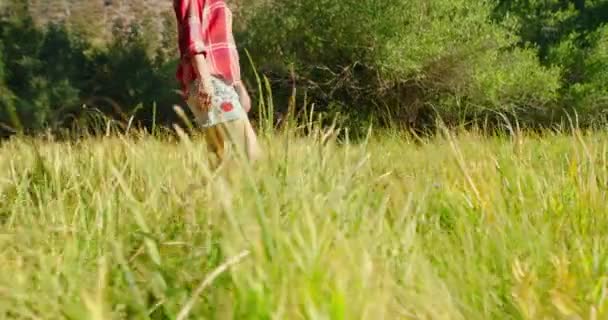 Vista lateral de la mujer viajera en falda de mezclilla y camisa a cuadros clásica en el prado — Vídeo de stock