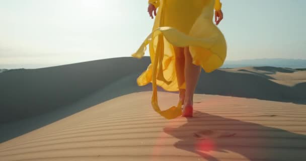 Beautiful fashion video. Bright dress is flying by wind with blue sky background — Stock Video