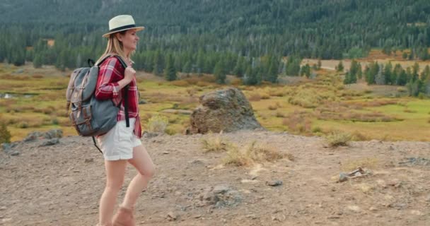 Mujer es senderismo por la naturaleza de otoño con pinos verdes en el fondo, 4K — Vídeo de stock