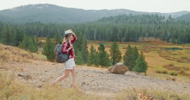 Frau läuft mit Blick auf die Natur vorbei. Lächelnd attraktiver Reiserucksack — Stockvideo