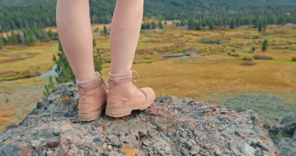 Feche as pernas da mulher em botas de caminhada rosa na rocha com vista verde da floresta — Vídeo de Stock