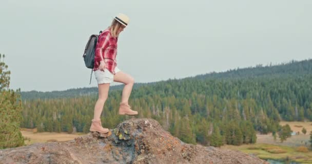 Modig ung kvinna bestämmer sig för att stå på kanten av en hög klippa i grön skog — Stockvideo