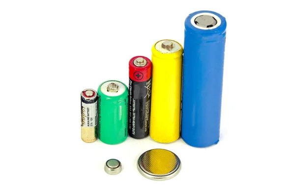 Diferentes Tipos Baterias Acumuladores Cor Sobre Fundo Branco Isolado — Fotografia de Stock