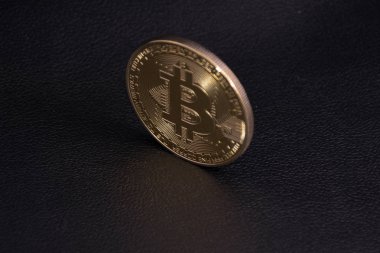 altın sikke bitcoin siyah deri üzerinde dik duruyor