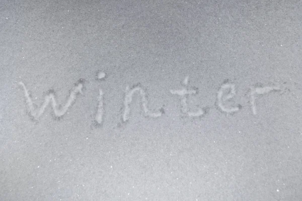 Text Winter auf weißem Schnee Wintertag — Stockfoto