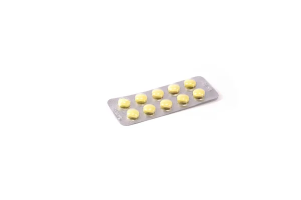 Pílulas Amarelas Blister Isolado — Fotografia de Stock