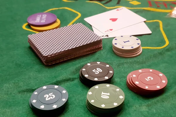 Poker Chips Cards Green Table — Stock Photo, Image