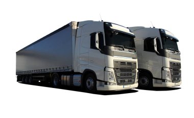 Beyaz arka planda yarı karavanı olan iki büyük kamyon.