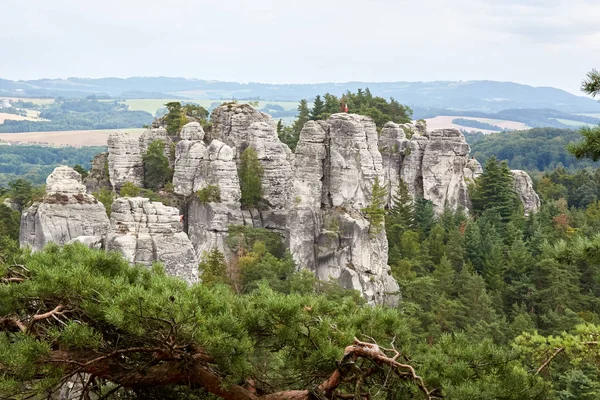 Vue Paysage Avec Des Rochers Grès Près Ruine Château Gothique — Photo