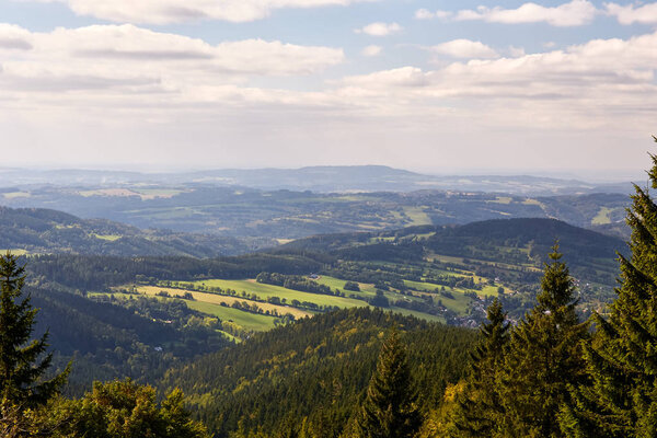 View to the valley in National Park Krkonose near Rokytnice nad Jizerou. Park lies in the northeast of Bohemia in the Hradec Kralove and Liberec regions. Czech Republic. Central Europe.