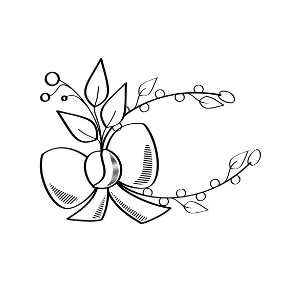 花线性简单装饰与弓和叶子 — 图库矢量图片