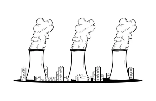 Power Factory en drie schoorstenen met rook — Stockvector