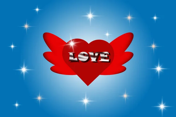 Love messages in red heart shaped with wings on a blue background and the expression of love.