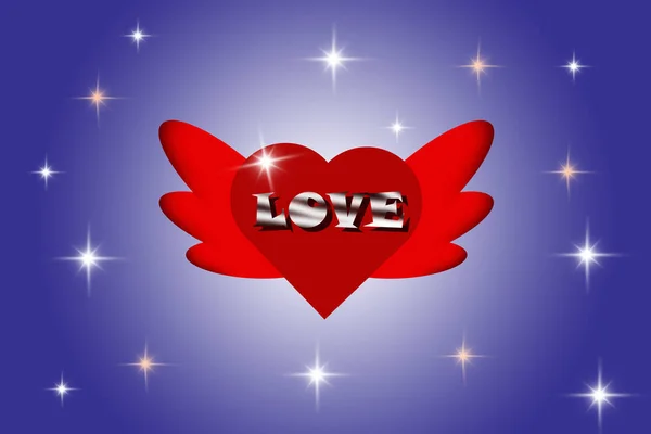 Love messages in red heart shaped with wings on a blue background and the expression of love.