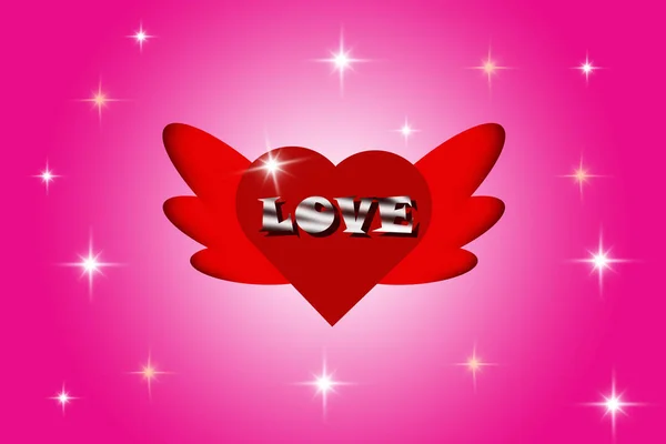 爱的信息在红色的心脏形状与翅膀在粉红色的背景和爱的表达 — 图库照片#