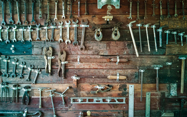 Many old tools used to be hung on brown wood floors
