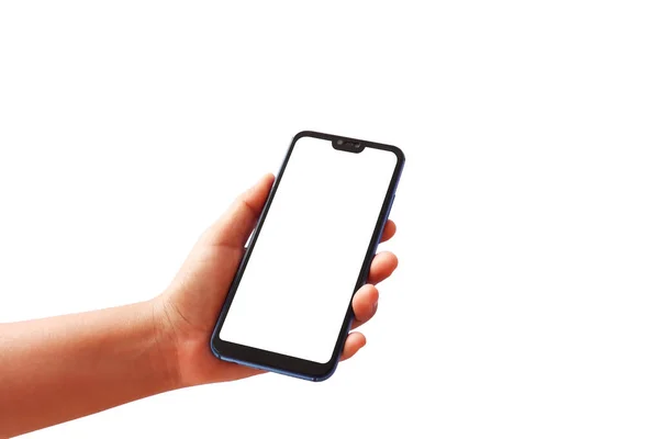 Handen Håller Smartphone Med Separat Vit Skärm Vit Bakgrund Med — Stockfoto
