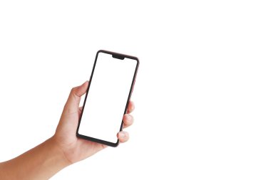 El beyaz ekranı tutuyor, cep telefonu kırpma yolu ile beyaz bir arkaplanda izole edilmiş..