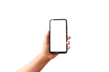 El beyaz ekranı tutuyor, cep telefonu kırpma yolu ile beyaz bir arkaplanda izole edilmiş..