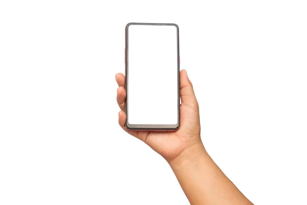 Hand Houdt Het Witte Scherm Vast Mobiele Telefoon Geïsoleerd Een — Stockfoto