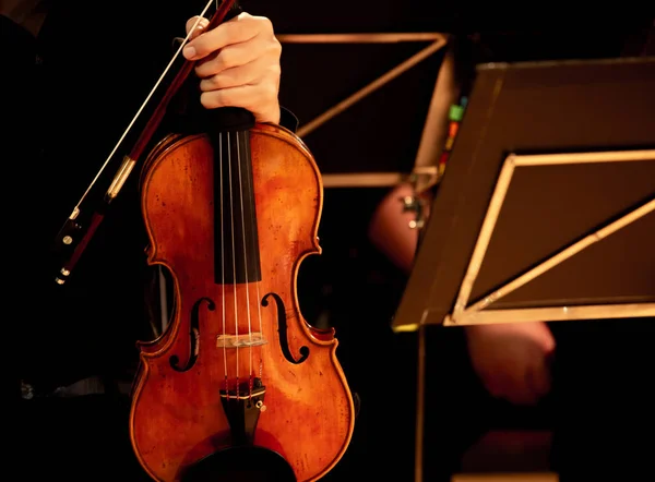 Closeup müzisyenler klasik müzik konserlerinde keman oynuyorlar.