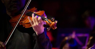 Closeup müzisyenler klasik müzik konserlerinde keman oynuyorlar.