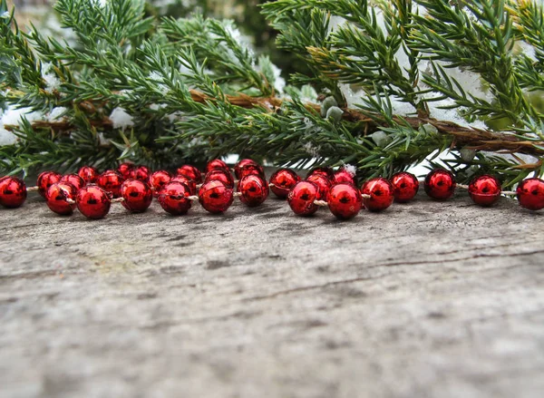 Branches Coniferous Tree Snow Red Beads Rustic Wood Background Space — Stock Photo, Image