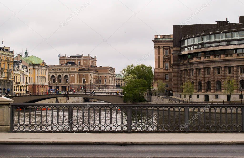 Bridges in the center of Stockholm. Gamla Stan and House of Parliament.