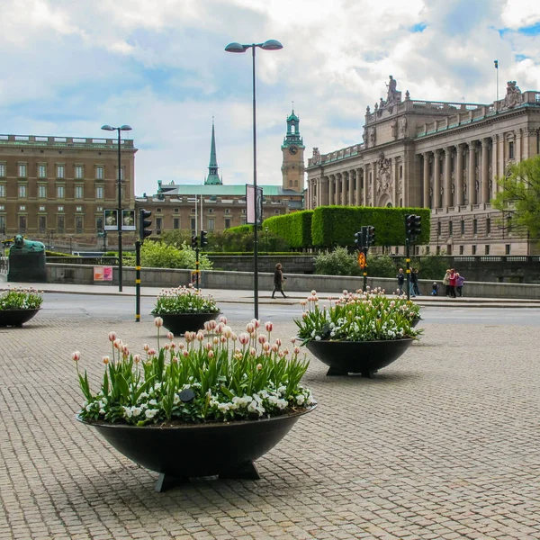 ストックホルム スウェーデン 2011 Riksdag と王宮の美しい景色の背景にストックホルムの中心に花の春 — ストック写真