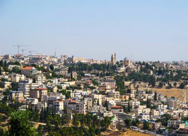 Kudüs ve zeytin Dağı dan Mount Zion üzerinde Dormition Abbey panoramik manzaralı. Kudüs, İsrail. Haziran 2014