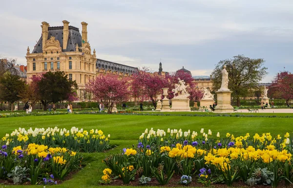 Muhteşem bahar Tuileries Bahçesi ve Louvre Sarayı manzarası 