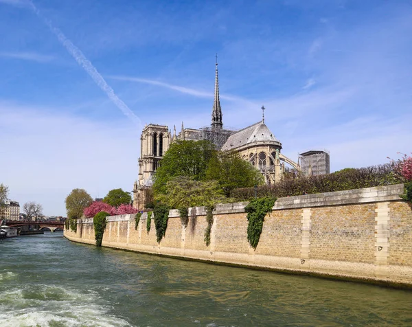 Notre Dame Kathedrale über seinen Fluss im Frühling. vor dem Feuer — Stockfoto