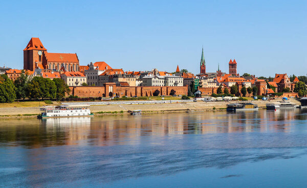 Panoramic view of Torun city and Wisla (Vistula) river in sunny 