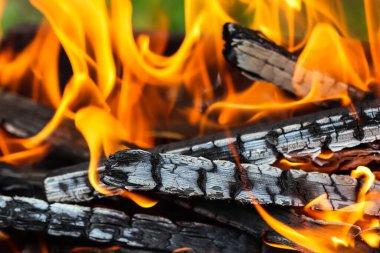 Ateş alevleri ve yanan odun kömürleri. Kopyalama, metin, sözcükleriniz için boşluk.