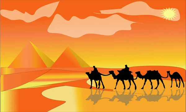 Animation landscape: desert, caravan of camels. Vector illustration. - A hot desert landscape illustration - Images vectorielles 2019