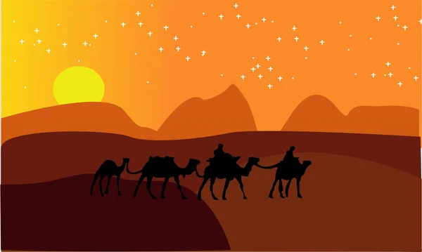 Animasyon manzara: çöl, deve kervanı. Vektör çizim. -Üzerinde Alacakaranlık piramitleri Abedouin kervan deve karşı. -Görüntüleri vectorielles