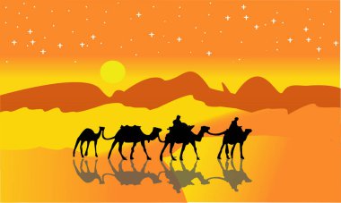 Animasyon manzara: çöl, deve kervanı. Vektör çizim. -Üzerinde Alacakaranlık piramitleri Abedouin kervan deve karşı. -Görüntüleri vectorielles