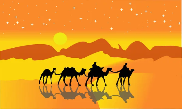 Animation Landskap Öken Karavan Kameler Vektorillustration Abedouin Husvagn Kameler Mot — Stock vektor