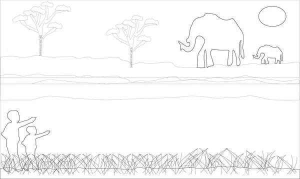 Gün batımında Afrika savana fil. DOUM palms, akasya. Siluetleri hayvan ve bitki. Gerçekçi vektör manzara. Afrika doğası. Rezervler ve Milli Parklar. -Görüntüleri vectorielles