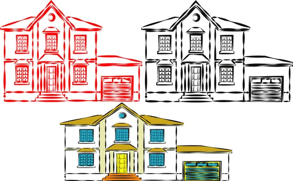 Çatılı evler dış vektör çizim önden görünüm. Modern. Townhouse bina daire. Kapı ve pencereler ile ev cephe. -Görüntüleri vectorielles